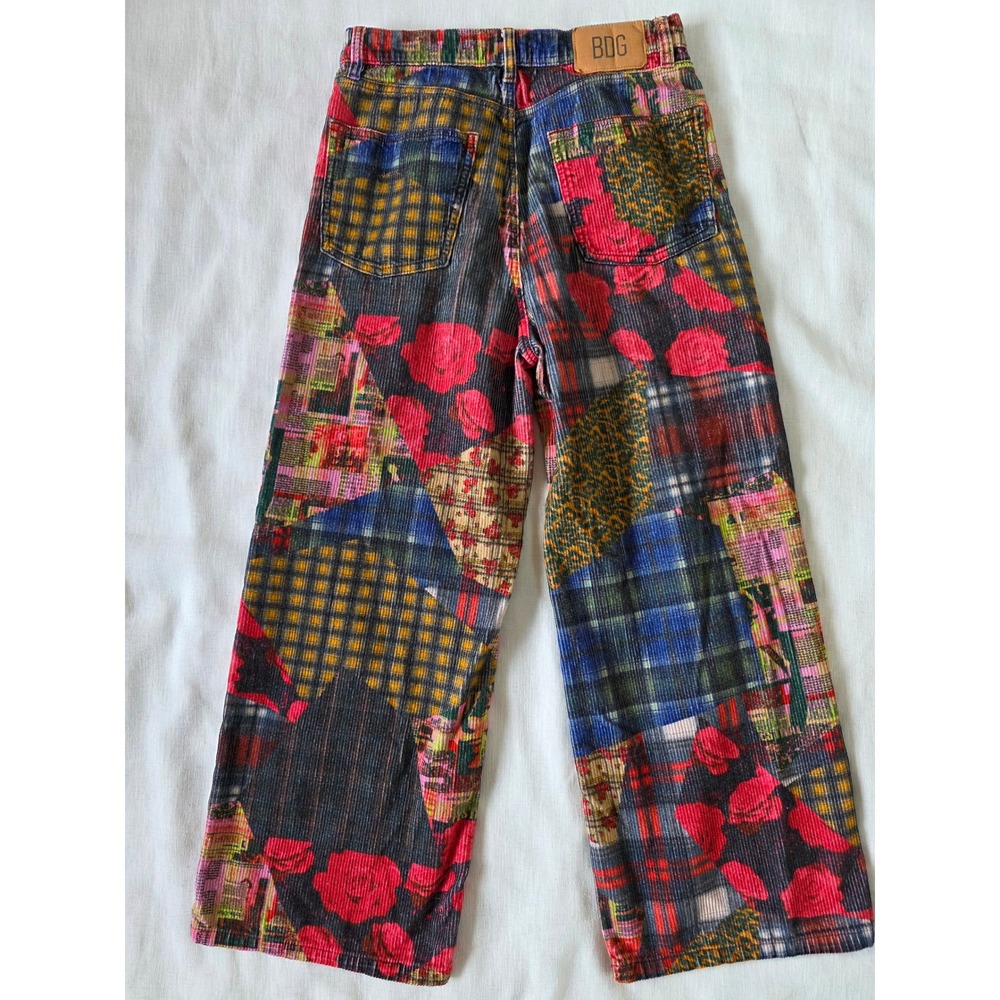 BDG High & Wide Patchwork Corduroy Pants Multicolor Floral Plaid Sz 30 Indie Y2K - Picture 3 of 8